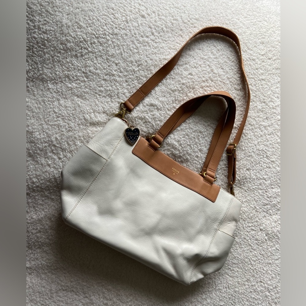FOSSIL AMANDA CROSSBODY SHOPPER BAG White & Brown Leather NWOT